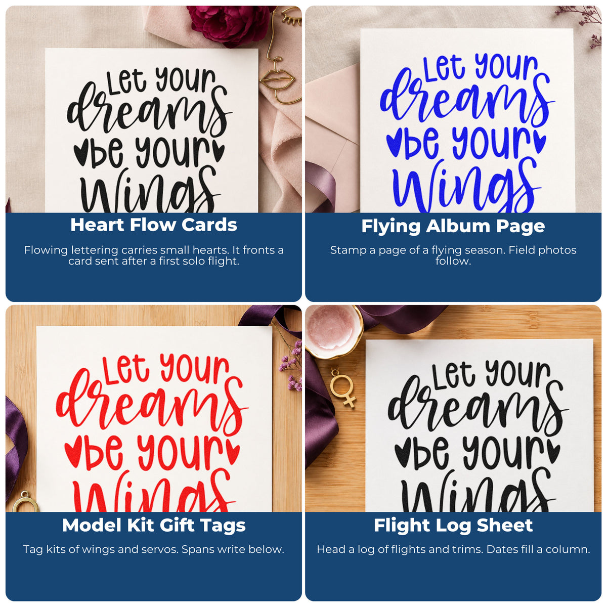 Four ways to use the Dreams Be Your Wings Pre-Inked Stamp – PSI: heart flow cards, flying album page, model kit gift tags and flight log sheet.