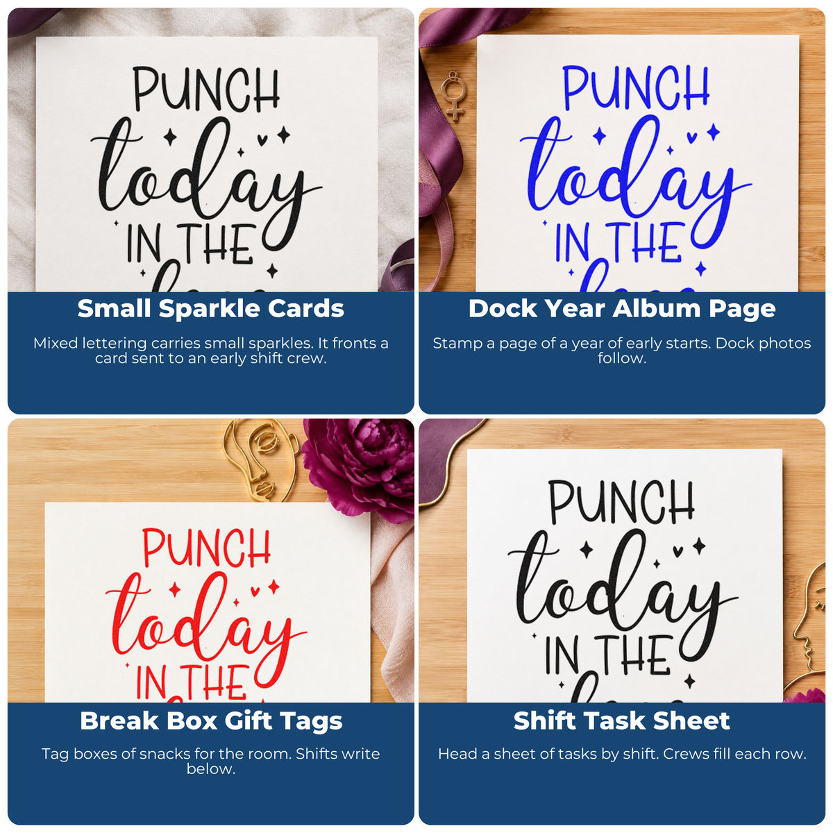 Four ways to use the Punch Today In The Face Pre-Inked Stamp – Slim: small sparkle cards, dock year album page, break box gift tags and shift task sheet.