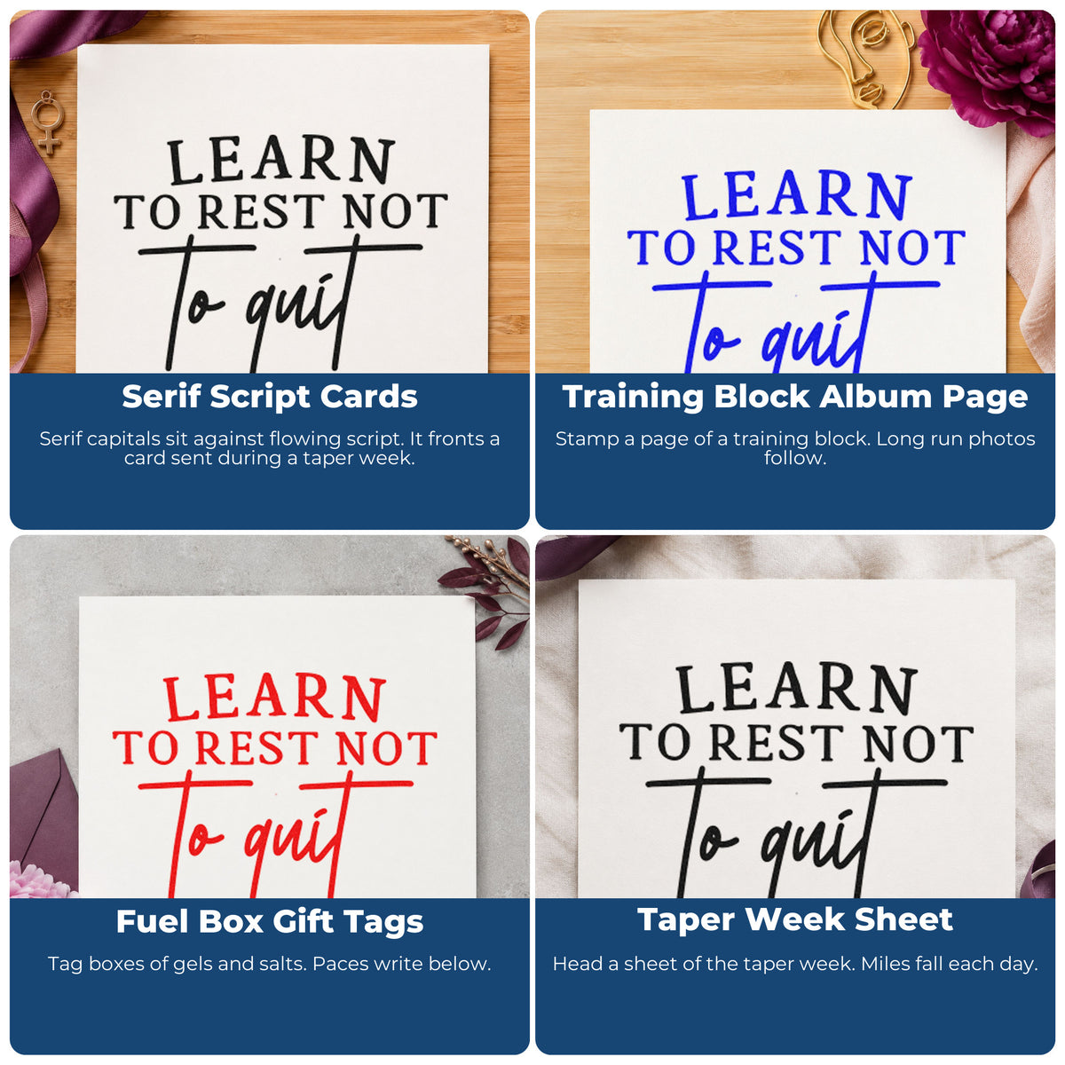 Four ways to use the Learn To Rest Quote Rubber Stamp – Duo Hand: serif script cards, training block album page, fuel box gift tags and taper week sheet.
