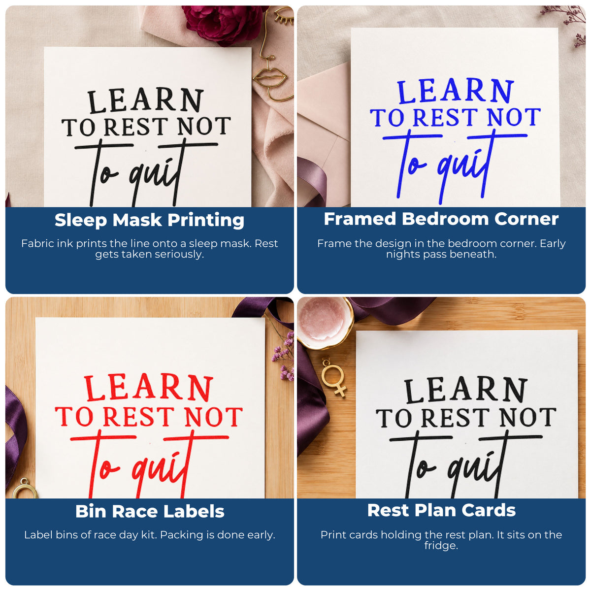 Four ways to use the Learn To Rest Quote Self-Inking Craft Stamp: sleep mask printing, framed bedroom corner, bin race labels and rest plan cards.