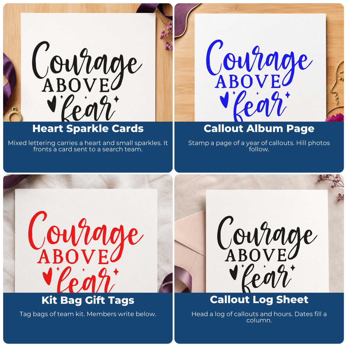 Four ways to use the Self-Inking Courage Above Fear Heart Stamp: heart sparkle cards, callout album page, kit bag gift tags and callout log sheet.