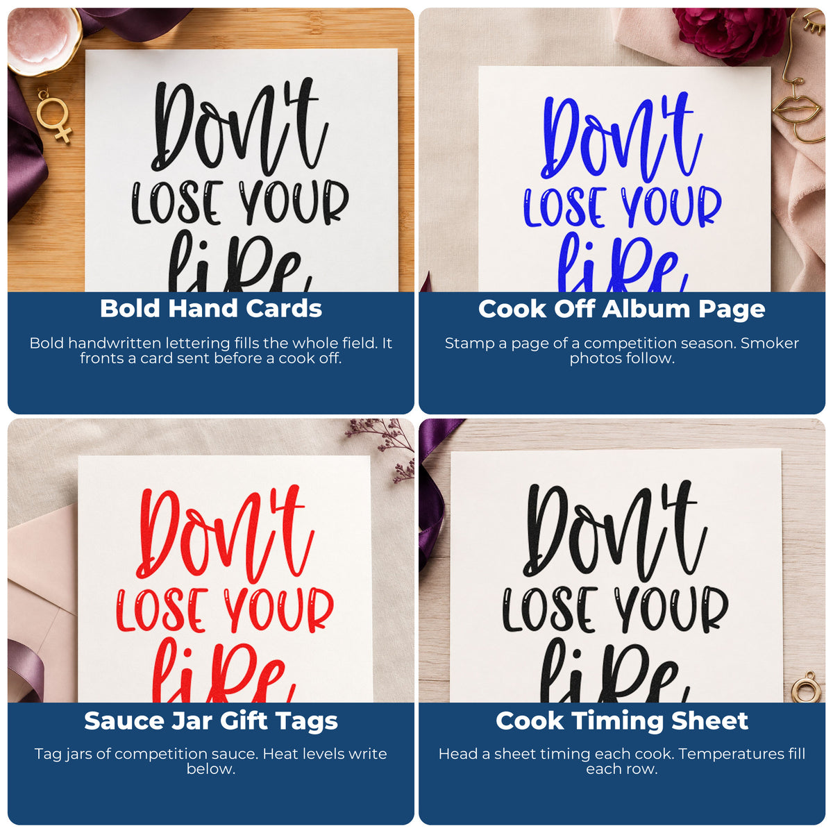 Four ways to use the Do Not Lose Fire Slim Pre-Inked Stamp: bold hand cards, cook off album page, sauce jar gift tags and cook timing sheet.
