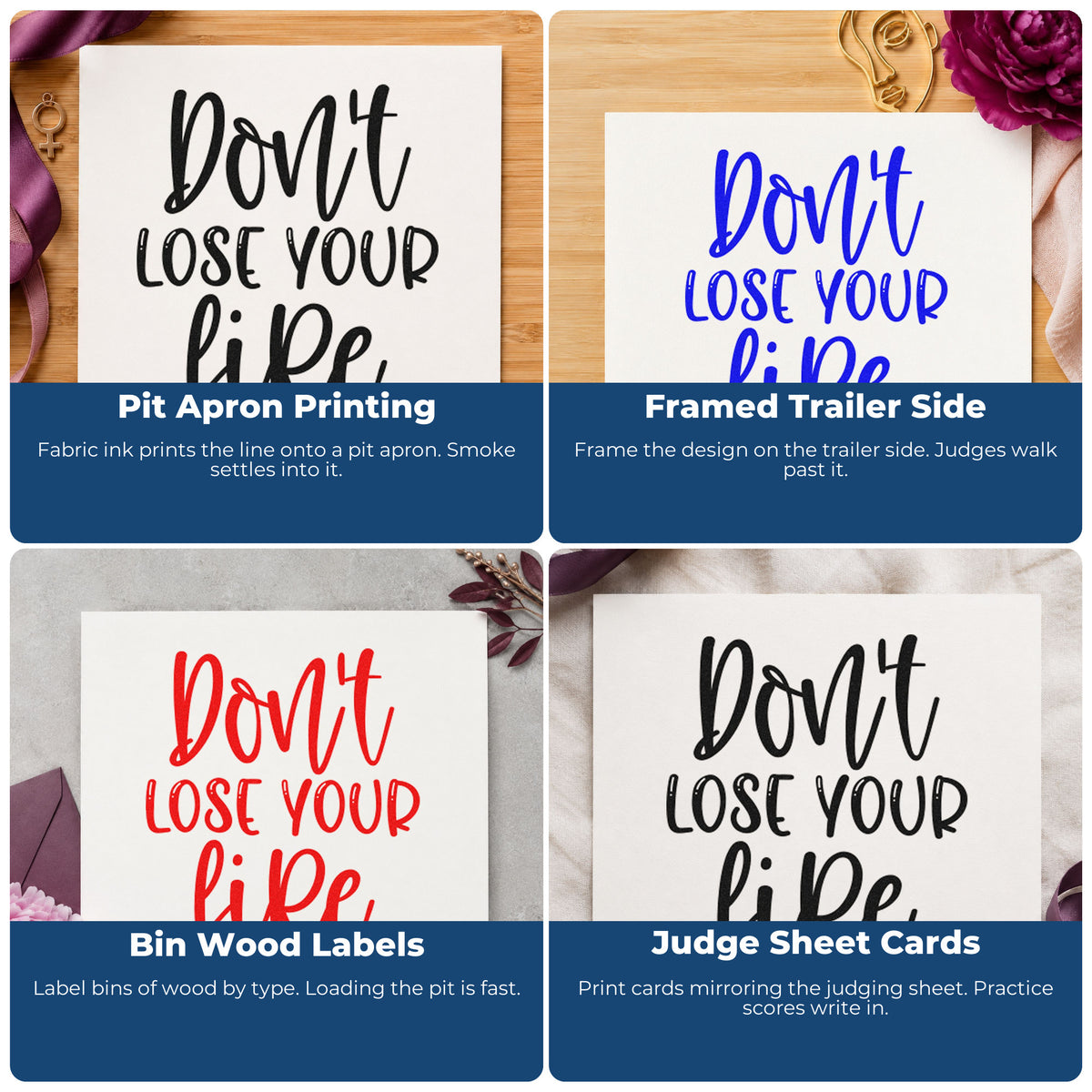 Four ways to use the Do Not Lose Fire Stamp - Premium Vintage Pro Wooden: pit apron printing, framed trailer side, bin wood labels and judge sheet cards.