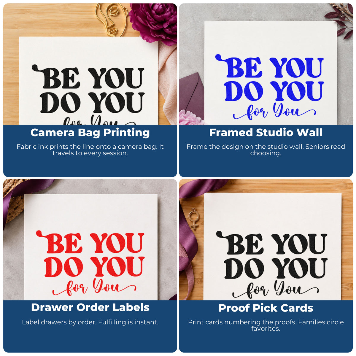 Four ways to use the Be You Do You Serif Lettering Craft Stamp – Self-Inking: camera bag printing, framed studio wall, drawer order labels and proof pick cards.