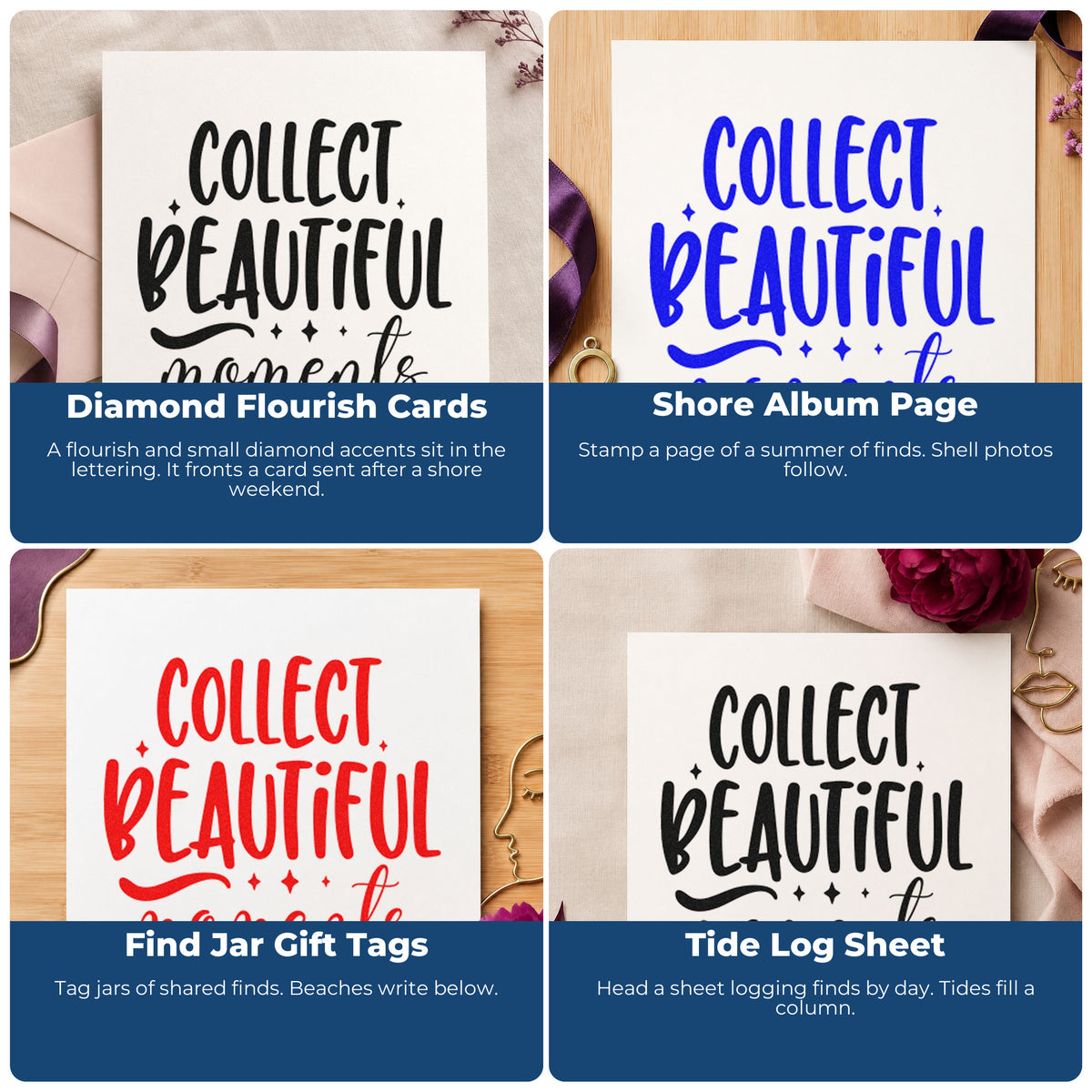 Four ways to use the Collect Beautiful Moments Flourish Wood Handle Stamp: diamond flourish cards, shore album page, find jar gift tags and tide log sheet.