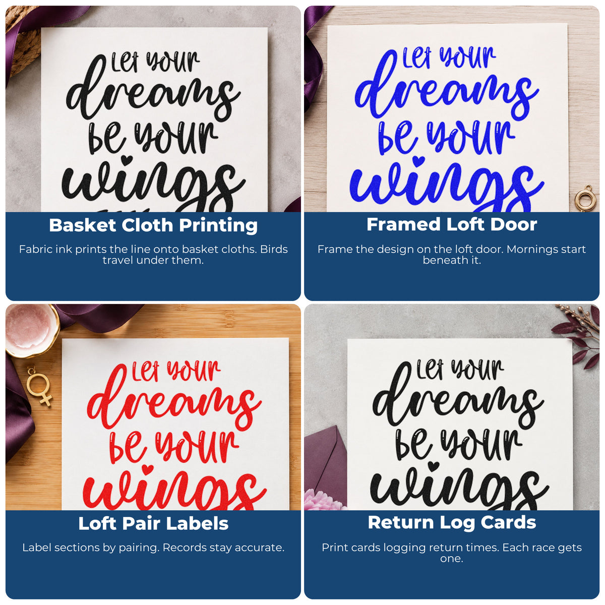 Four ways to use the Dreams Wings Leafy Word Art PSI Pre-Inked Stamp: basket cloth printing, framed loft door, loft pair labels and return log cards.