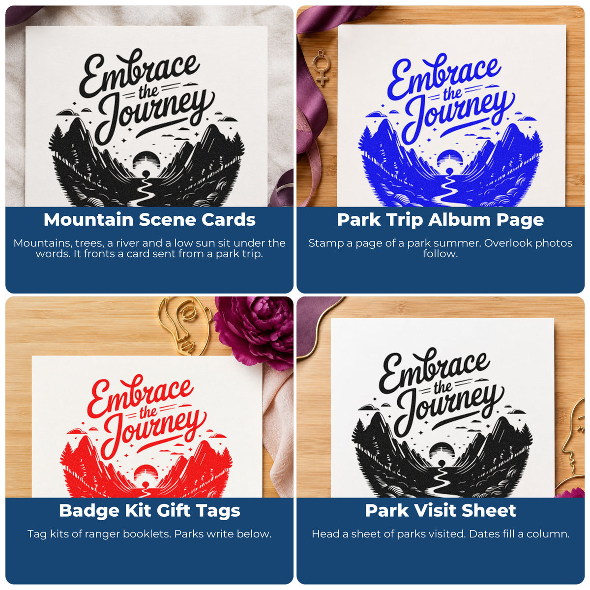 Four ways to use the Embrace Journey Mountain Landscape Tree Motif Stamp – Self-Inking: mountain scene cards, park trip album page, badge kit gift tags and park visit sheet.