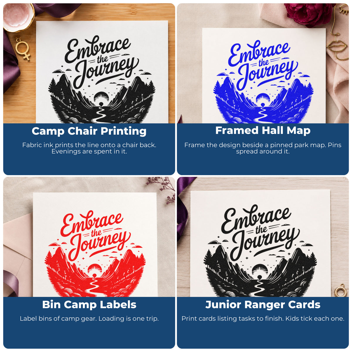 Four ways to use the Embrace Journey Mountain Landscape Tree Motif Rubber Stamp – Wood Handle: camp chair printing, framed hall map, bin camp labels and junior ranger cards.