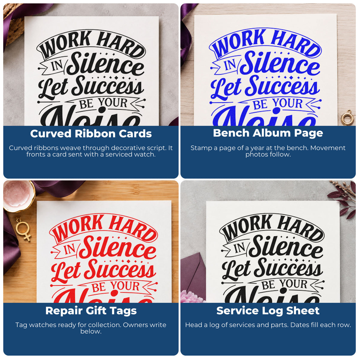 Four ways to use the Slim Pre-Inked Work Hard In Silence Stamp: curved ribbon cards, bench album page, repair gift tags and service log sheet.