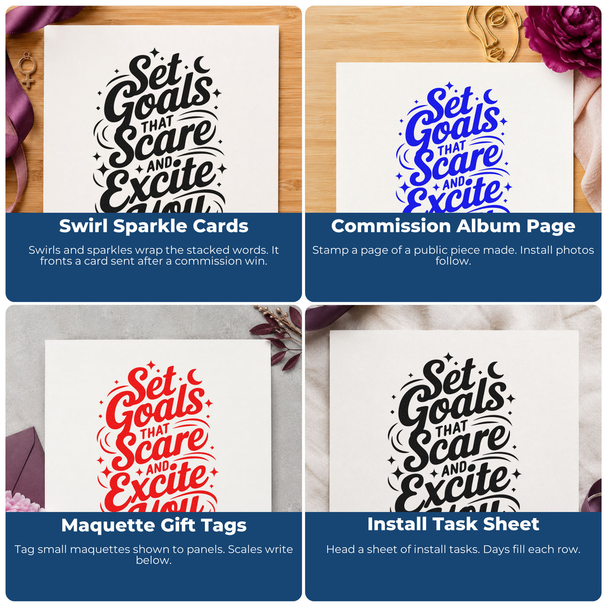 Four ways to use the Set Goals That Excite Slim Pre-Inked Stamp: swirl sparkle cards, commission album page, maquette gift tags and install task sheet.