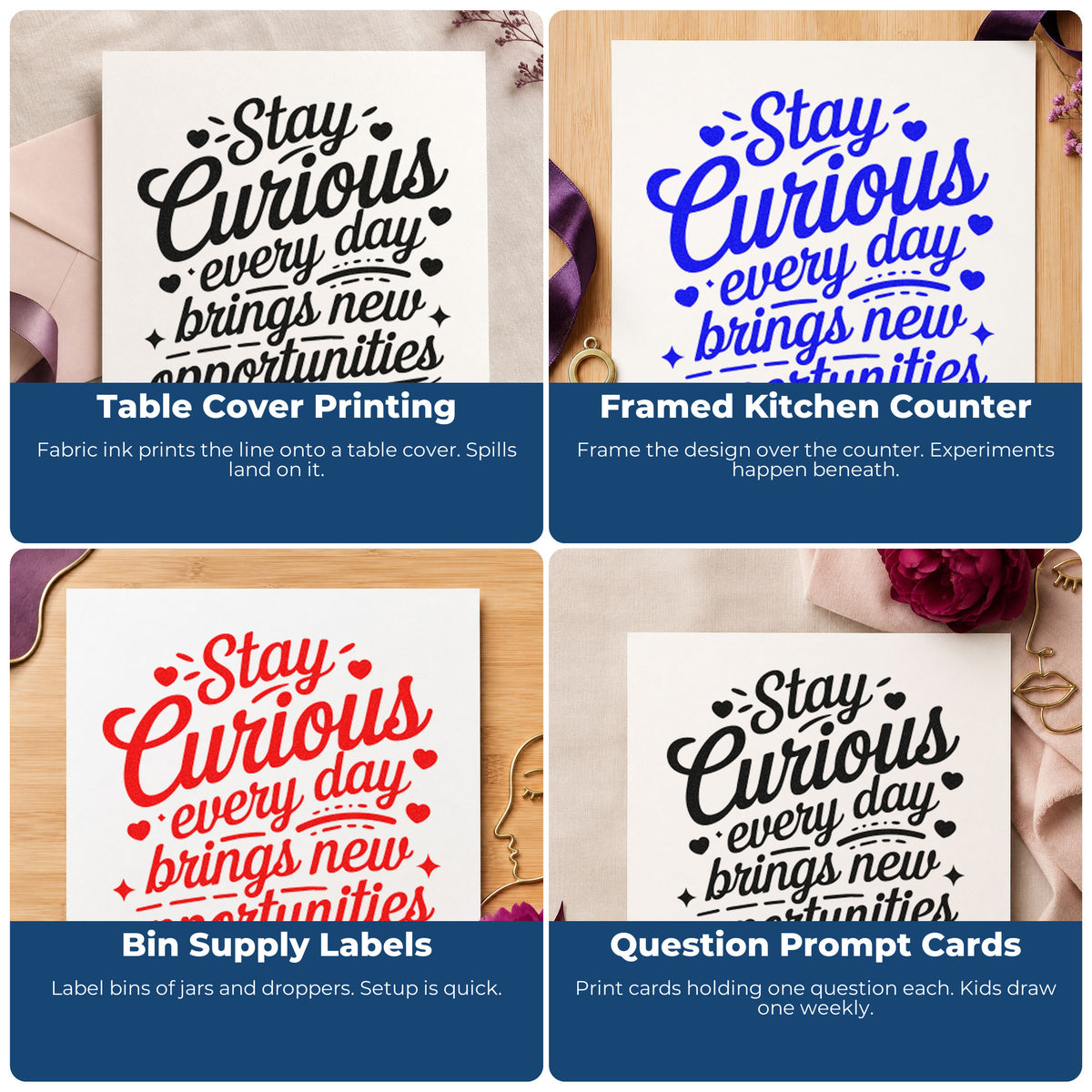 Four ways to use the Stay Curious Every Day Brings New Opportunities Rubber Stamp – Wood Handle: table cover printing, framed kitchen counter, bin supply labels and question prompt cards.