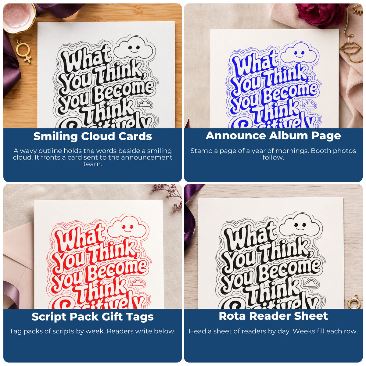 Four ways to use the Think Positive Smiling Cloud Slim Pre-Inked Stamp: smiling cloud cards, announce album page, script pack gift tags and rota reader sheet.