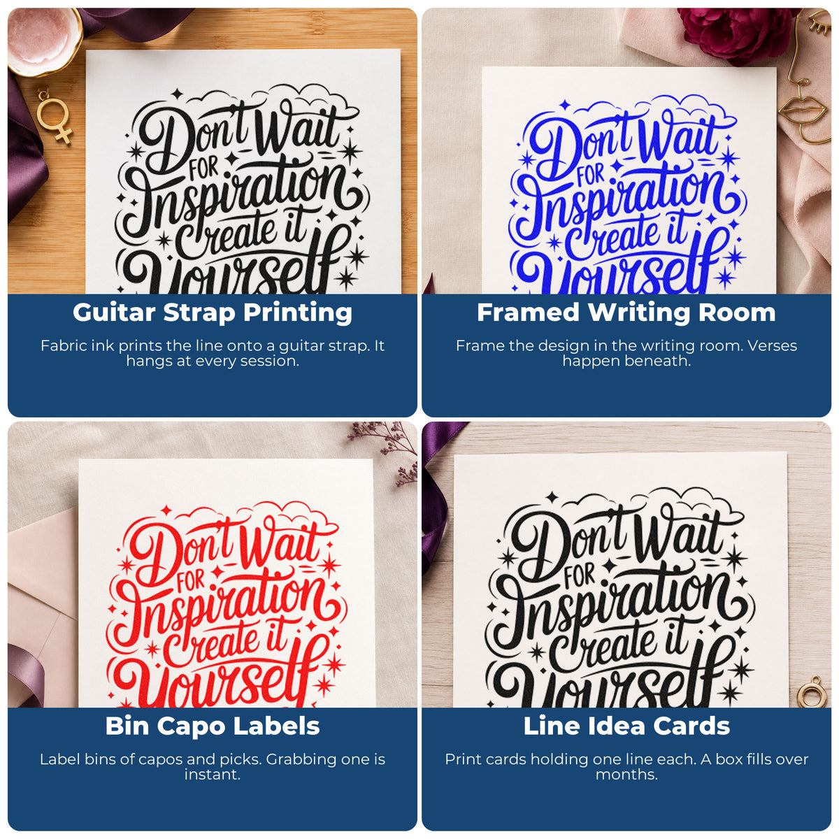 Four ways to use the Create Inspiration Yourself Quote Rubber Stamp – Duo Hand: guitar strap printing, framed writing room, bin capo labels and line idea cards.
