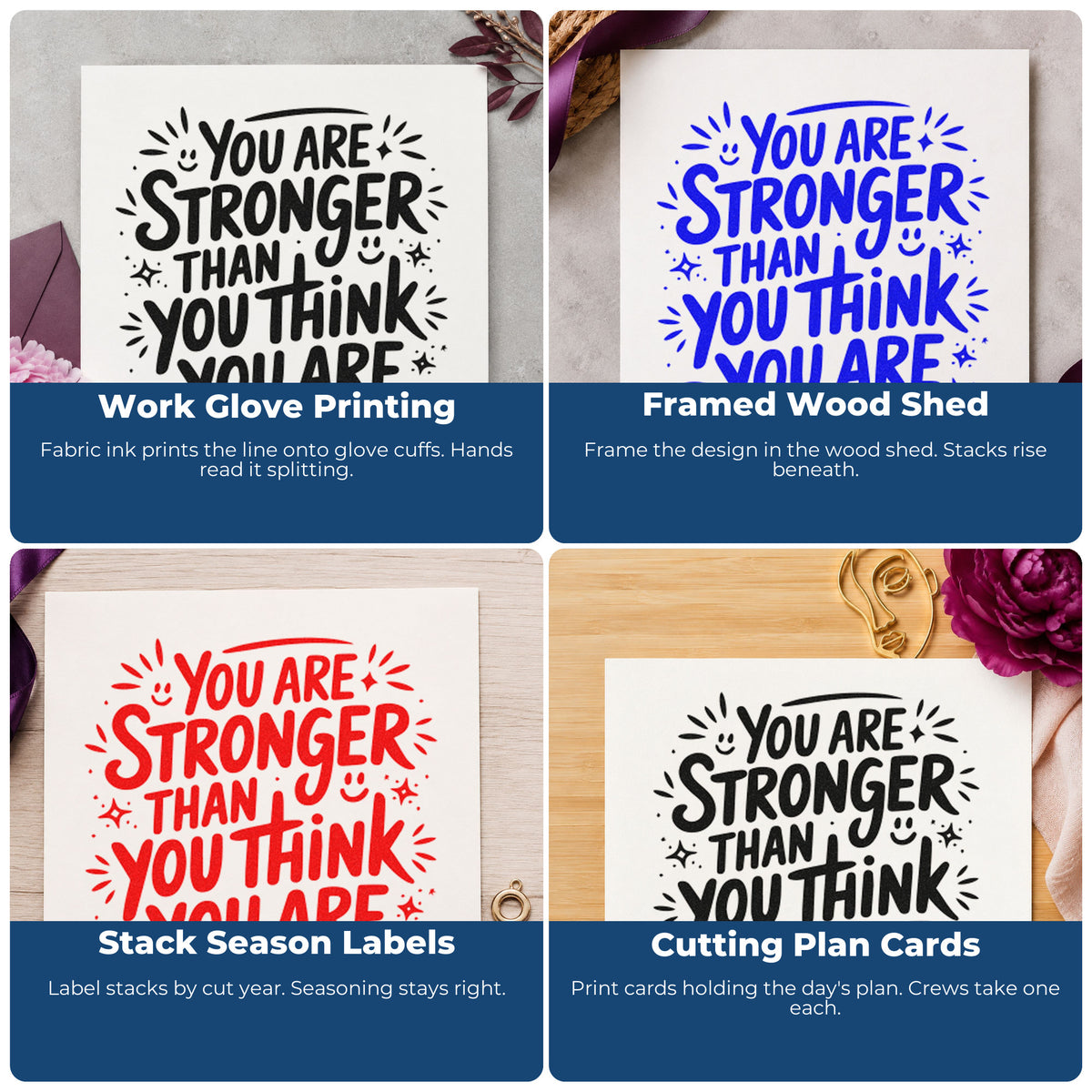 Four ways to use the Self-Inking Stronger Than You Think With Stars Stamp: work glove printing, framed wood shed, stack season labels and cutting plan cards.