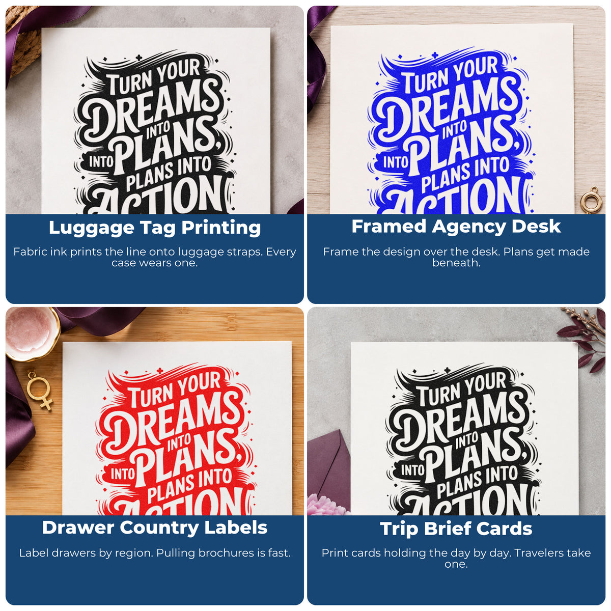 Four ways to use the Dreams Plans Action Ornate Lettering Stamp - Premium Vintage Pro Wooden: luggage tag printing, framed agency desk, drawer country labels and trip brief cards.