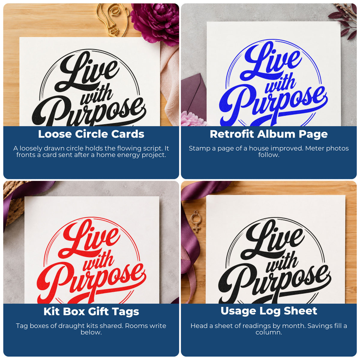 Four ways to use the Live With Purpose Craft Stamp – Self-Inking: loose circle cards, retrofit album page, kit box gift tags and usage log sheet.