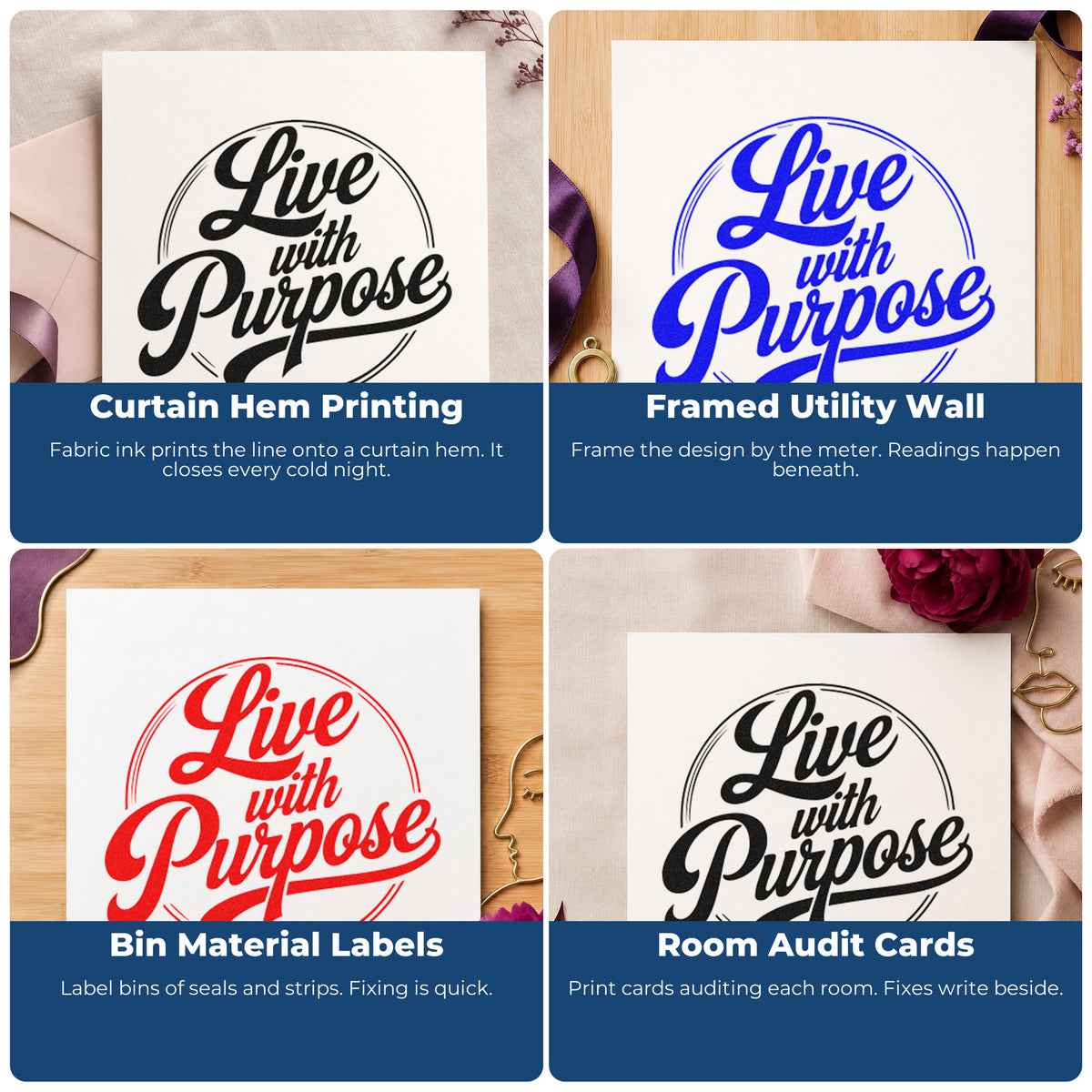 Four ways to use the Live With Purpose Stamp - Premium Vintage Pro Wooden: curtain hem printing, framed utility wall, bin material labels and room audit cards.