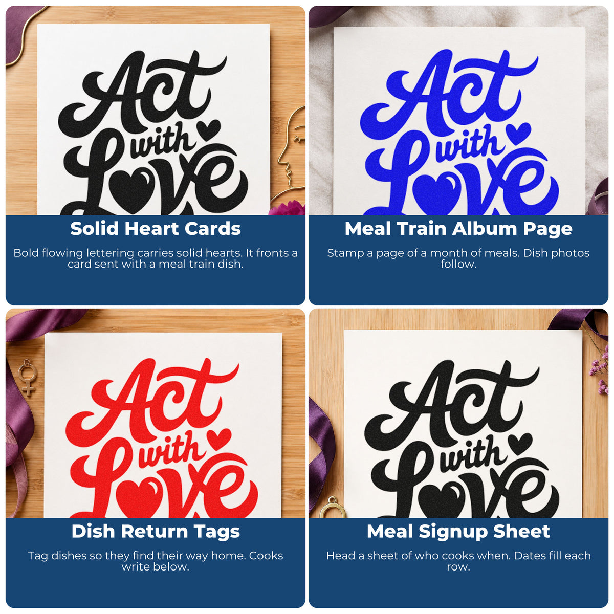Four ways to use the Act With Love Rubber Stamp – Wood Handle: solid heart cards, meal train album page, dish return tags and meal signup sheet.
