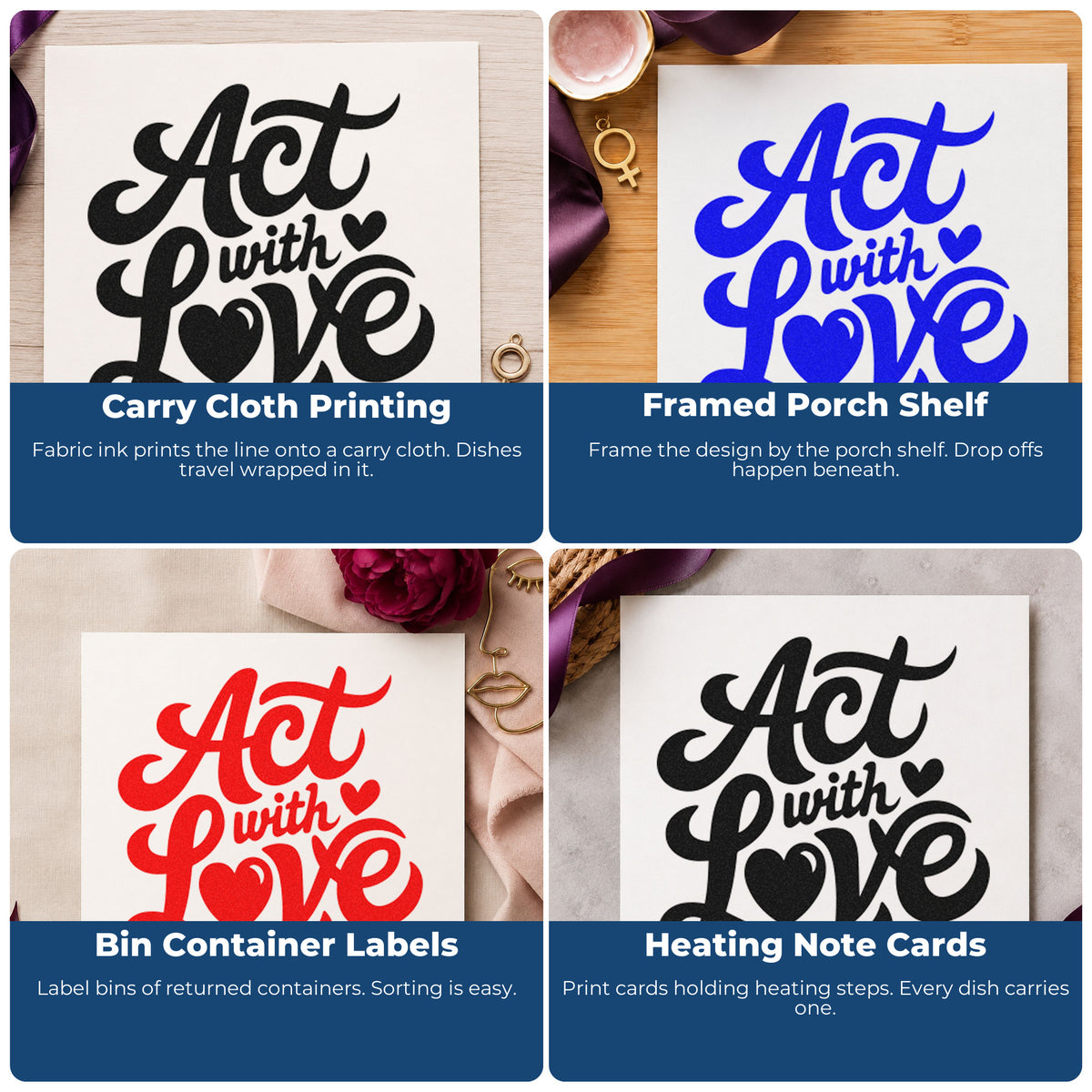 Four ways to use the Act With Love Duo Hand Stamp: carry cloth printing, framed porch shelf, bin container labels and heating note cards.