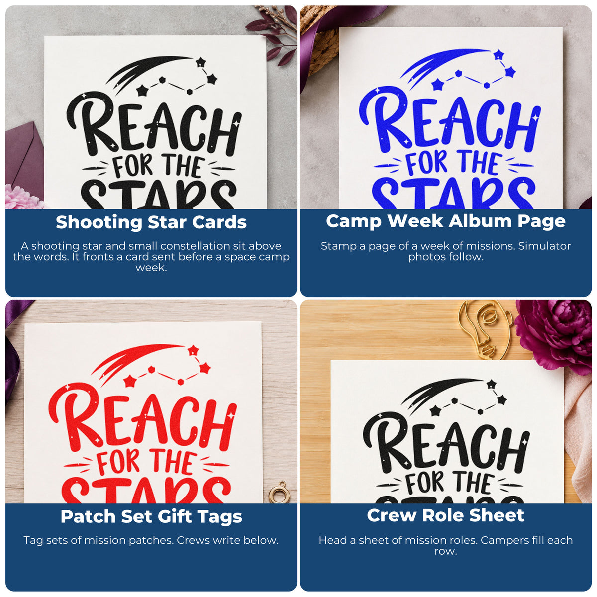 Four ways to use the Reach For The Stars Rubber Stamp – Duo Hand: shooting star cards, camp week album page, patch set gift tags and crew role sheet.