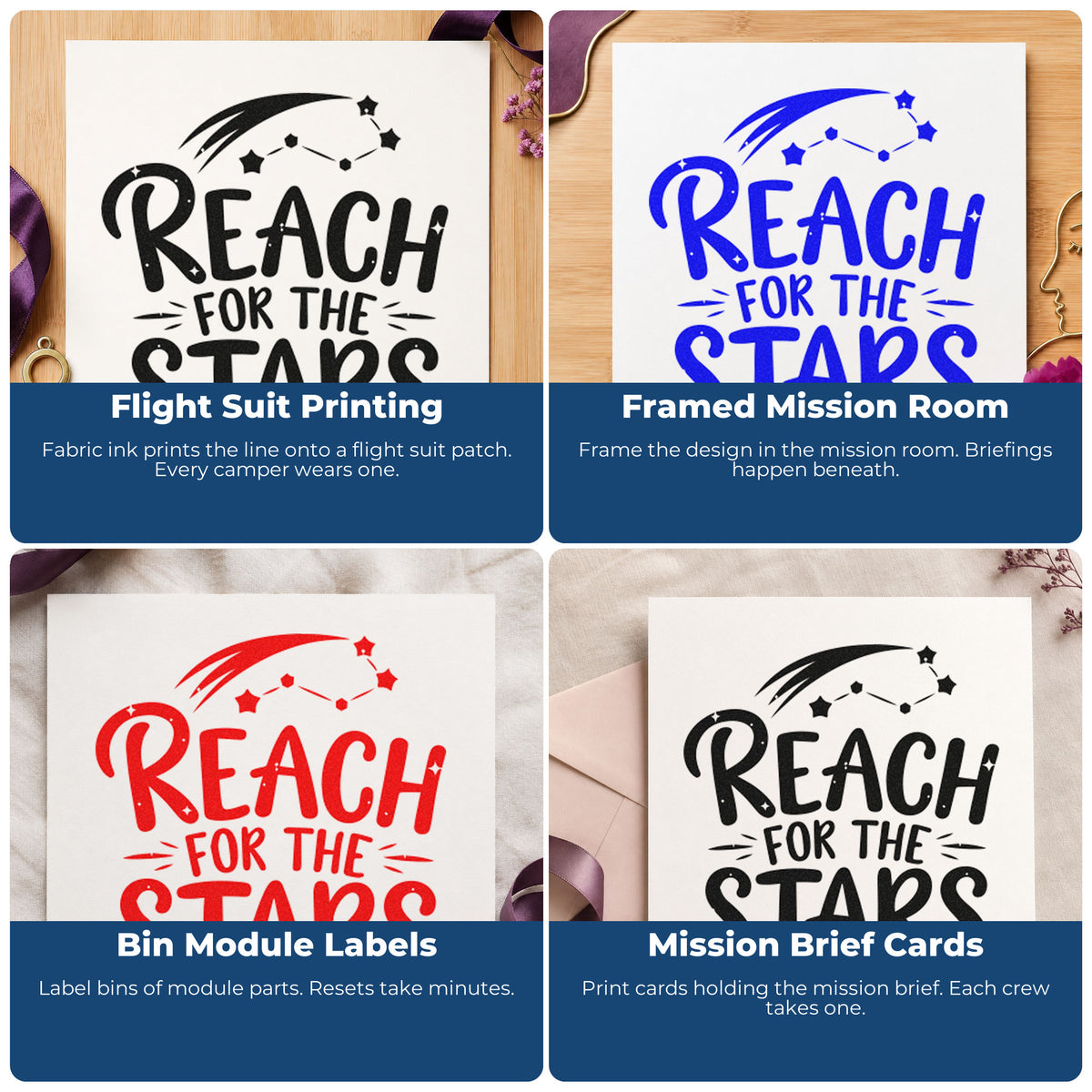 Four ways to use the Wood Handle Reach For The Stars Rubber Stamp: flight suit printing, framed mission room, bin module labels and mission brief cards.