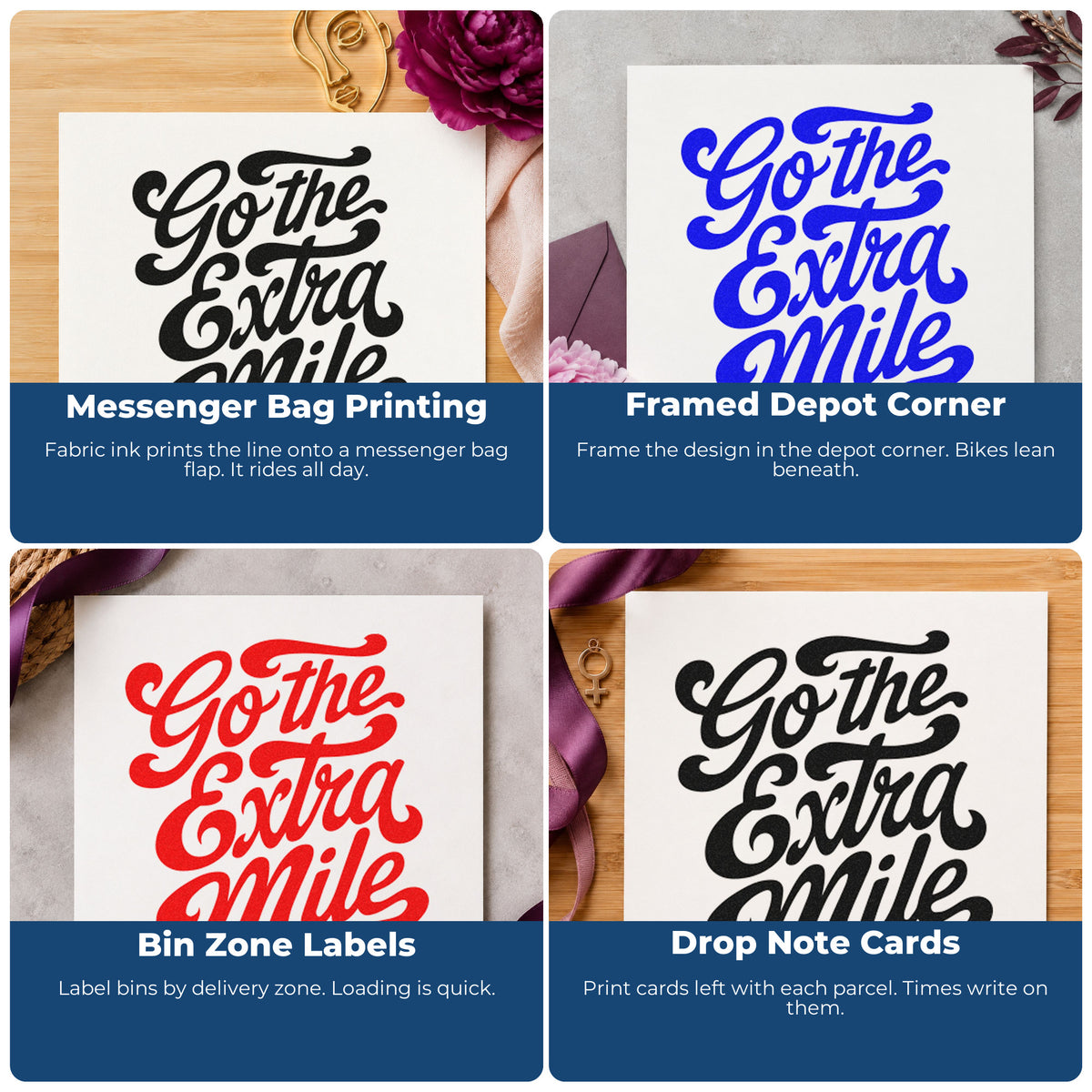 Four ways to use the Go The Extra Mile Script Lettering Stamp - Premium Vintage Pro Wooden: messenger bag printing, framed depot corner, bin zone labels and drop note cards.