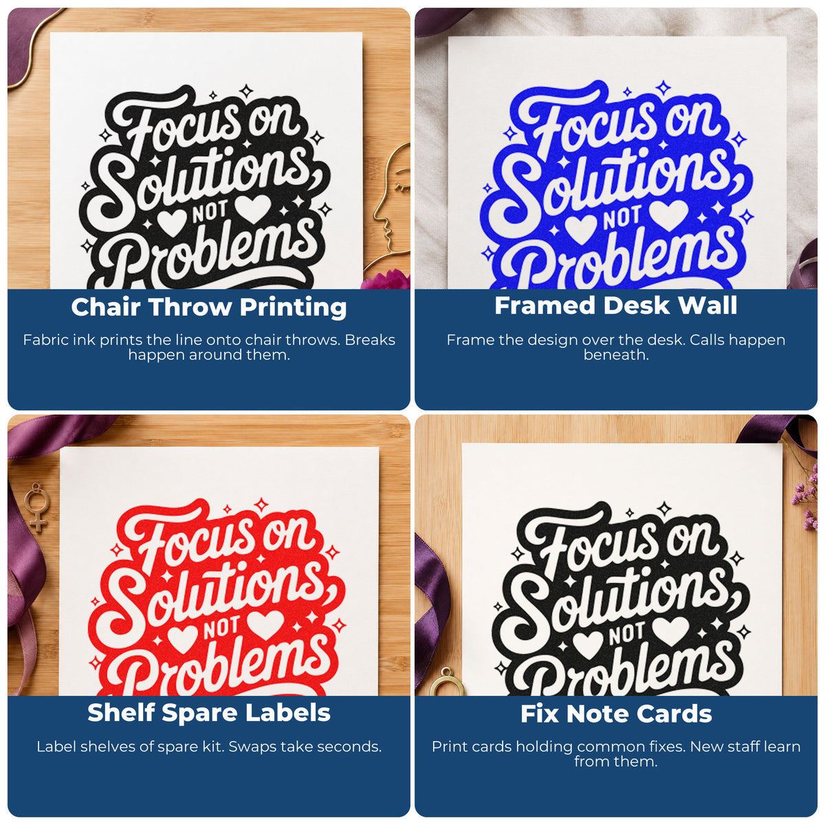 Four ways to use the Premium Wooden Focus On Solutions Not Problems Stamp - Vintage Pro: chair throw printing, framed desk wall, shelf spare labels and fix note cards.