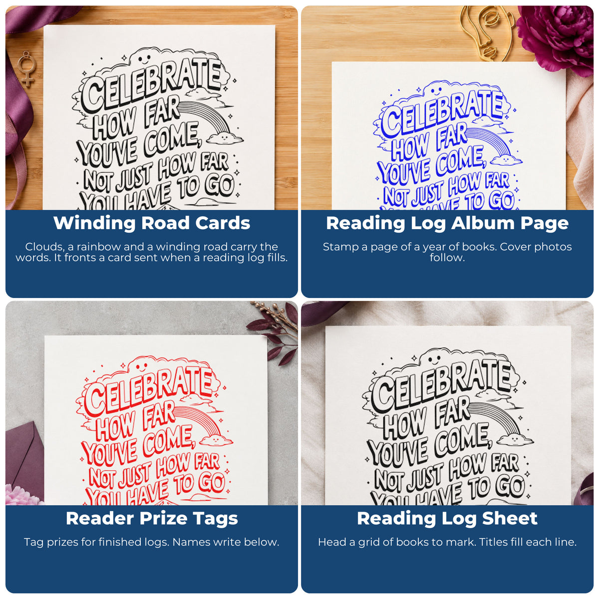 Four ways to use the Celebrate How Far Come Rainbow Stamp – Self-Inking: winding road cards, reading log album page, reader prize tags and reading log sheet.