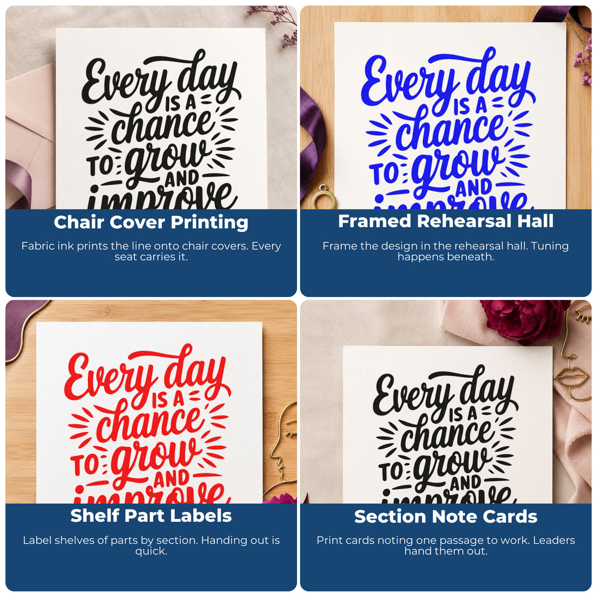 Four ways to use the Every Day Grow Improve Compact Pre-Inked Stamp – Slim: chair cover printing, framed rehearsal hall, shelf part labels and section note cards.