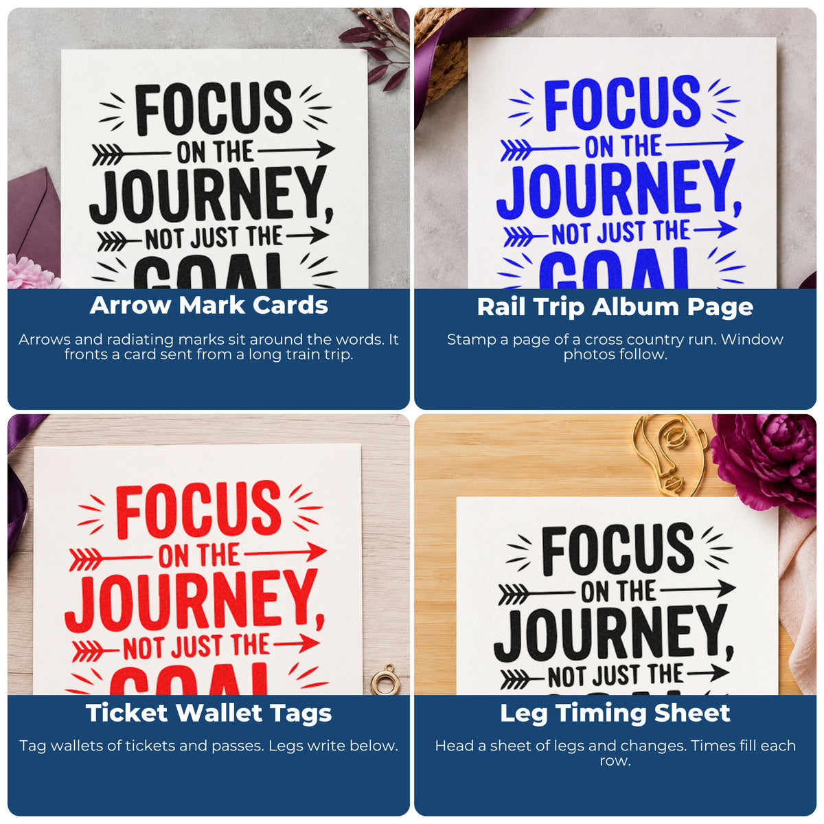 Four ways to use the Premium Wooden Focus On The Journey Not Just The Goal Stamp - Vintage Pro: arrow mark cards, rail trip album page, ticket wallet tags and leg timing sheet.