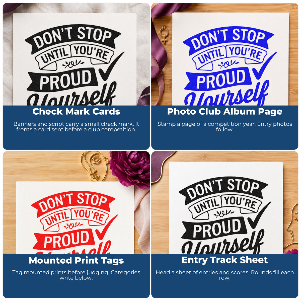 Four ways to use the Don't Stop Check Mark Banners Self-Inking Stamp: check mark cards, photo club album page, mounted print tags and entry track sheet.