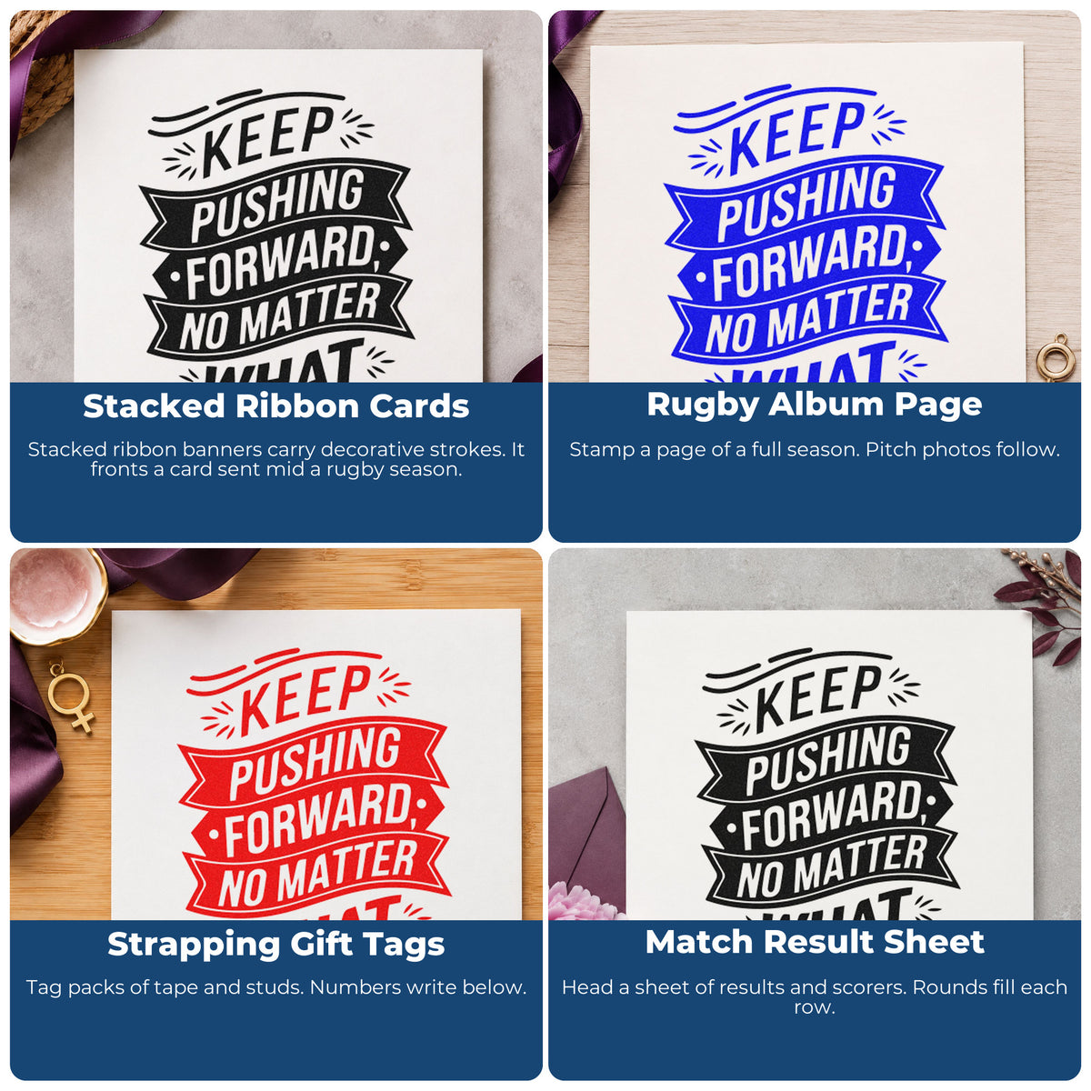 Four ways to use the Keep Pushing Forward Banners Stamp – PSI Pre-Inked: stacked ribbon cards, rugby album page, strapping gift tags and match result sheet.