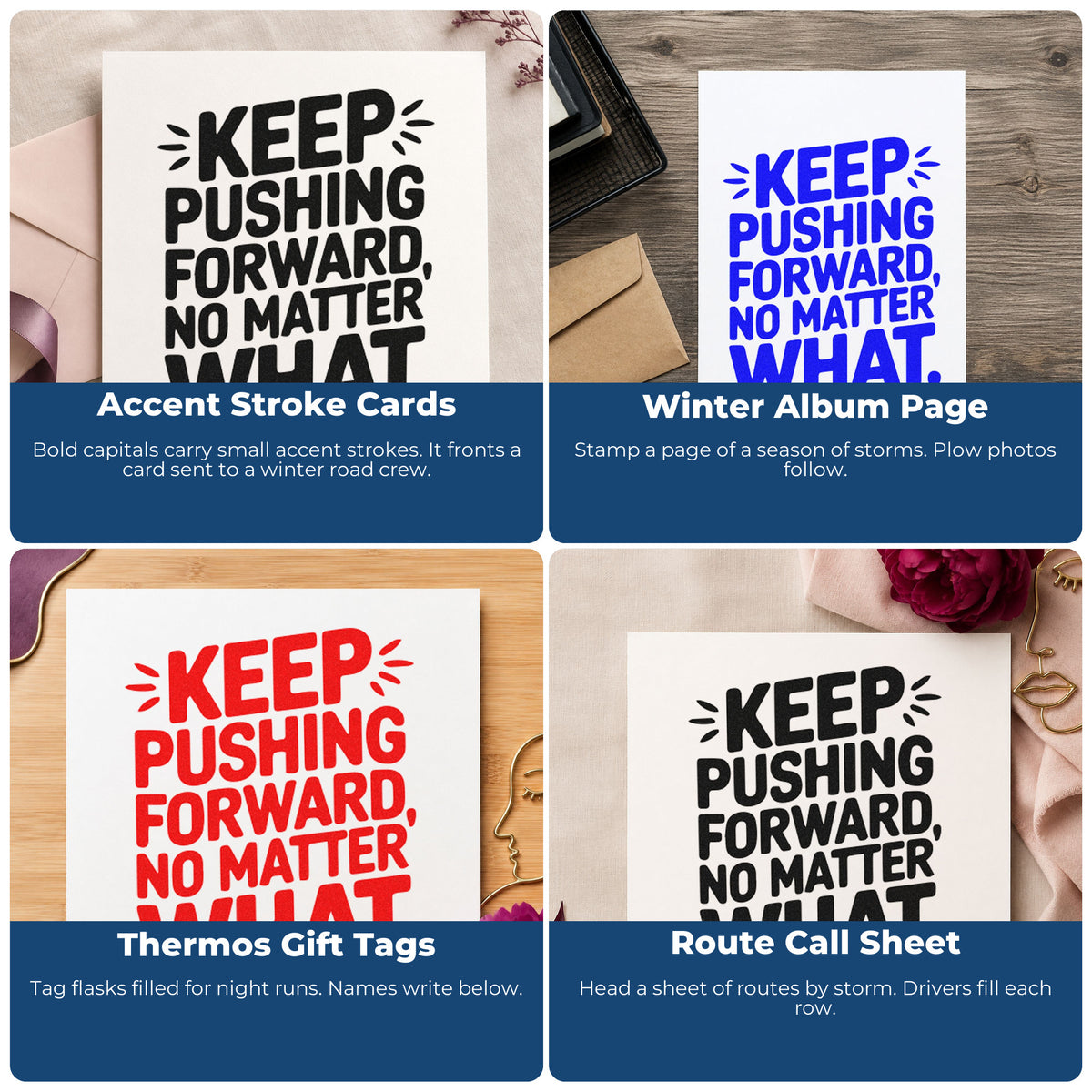 Four ways to use the Keep Pushing Forward No Matter What Rubber Stamp – Wood Handle: accent stroke cards, winter album page, thermos gift tags and route call sheet.