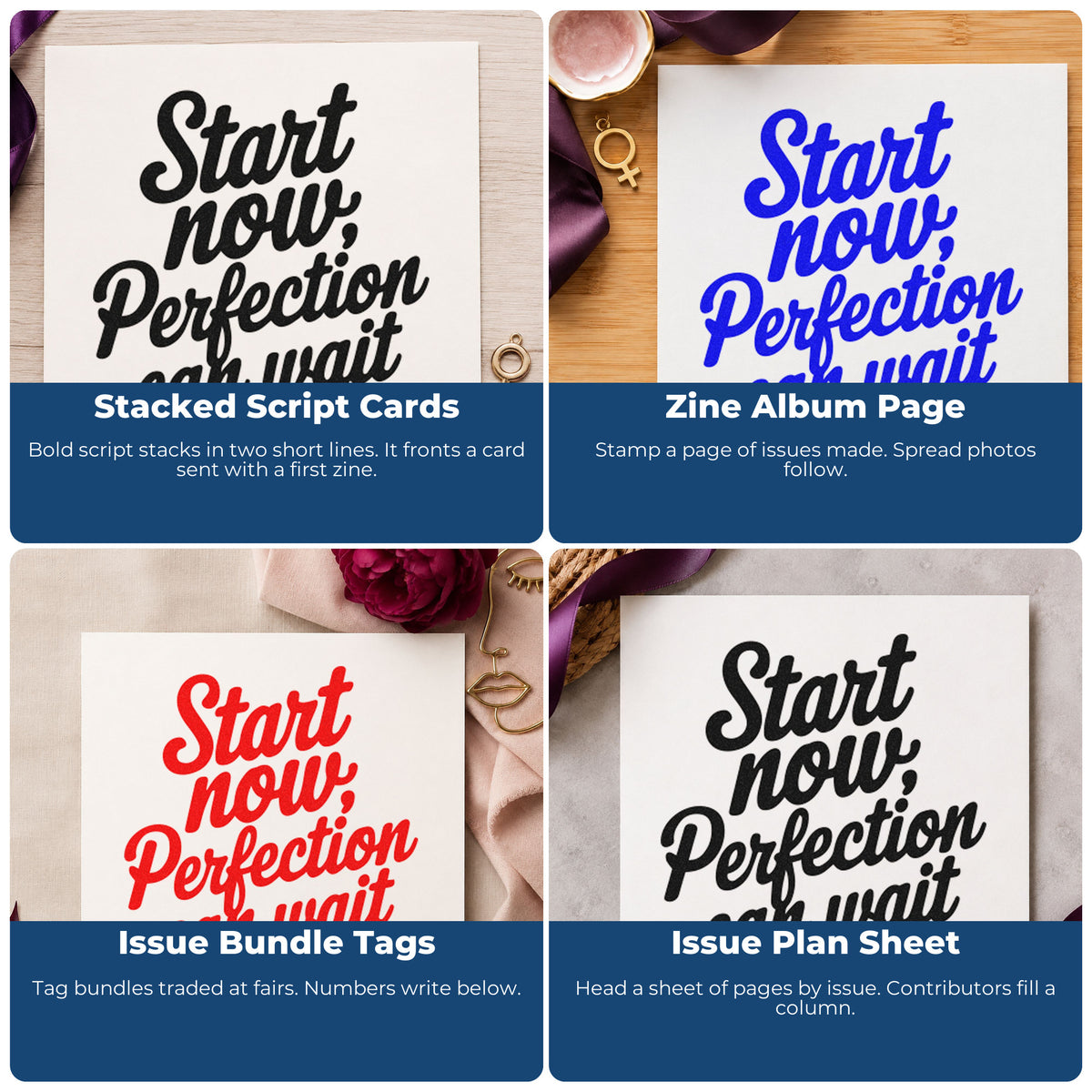 Collage of motivational rubber stamp designs for scrapbooks, cardmaking, journaling, and gift tags.