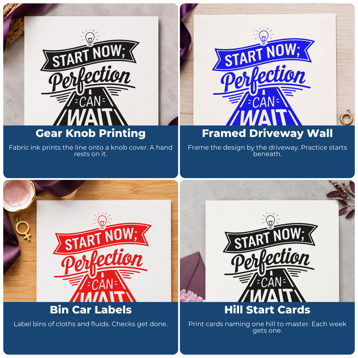 Four ways to use the Start Now Perfection Road Compact Pre-Inked Stamp – Slim: gear knob printing, framed driveway wall, bin car labels and hill start cards.