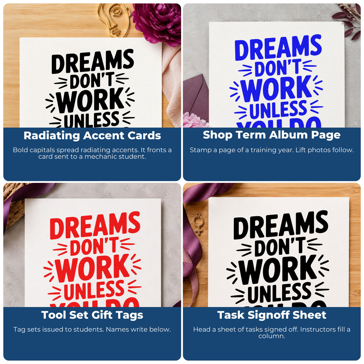 Four ways to use the Premium Wooden Dreams Don't Work Unless You Do Block Lettering Stamp - Vintage Pro: radiating accent cards, shop term album page, tool set gift tags and task signoff sheet.