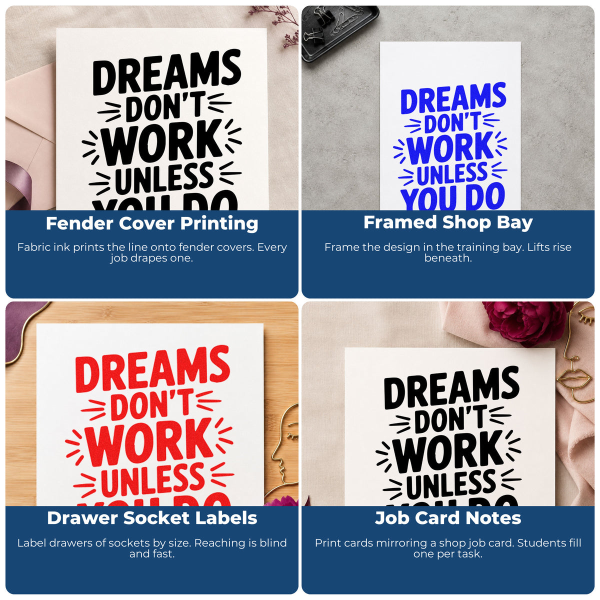 Four ways to use the Dreams Don't Work Unless You Do Block Lettering Duo Hand Stamp: fender cover printing, framed shop bay, drawer socket labels and job card notes.