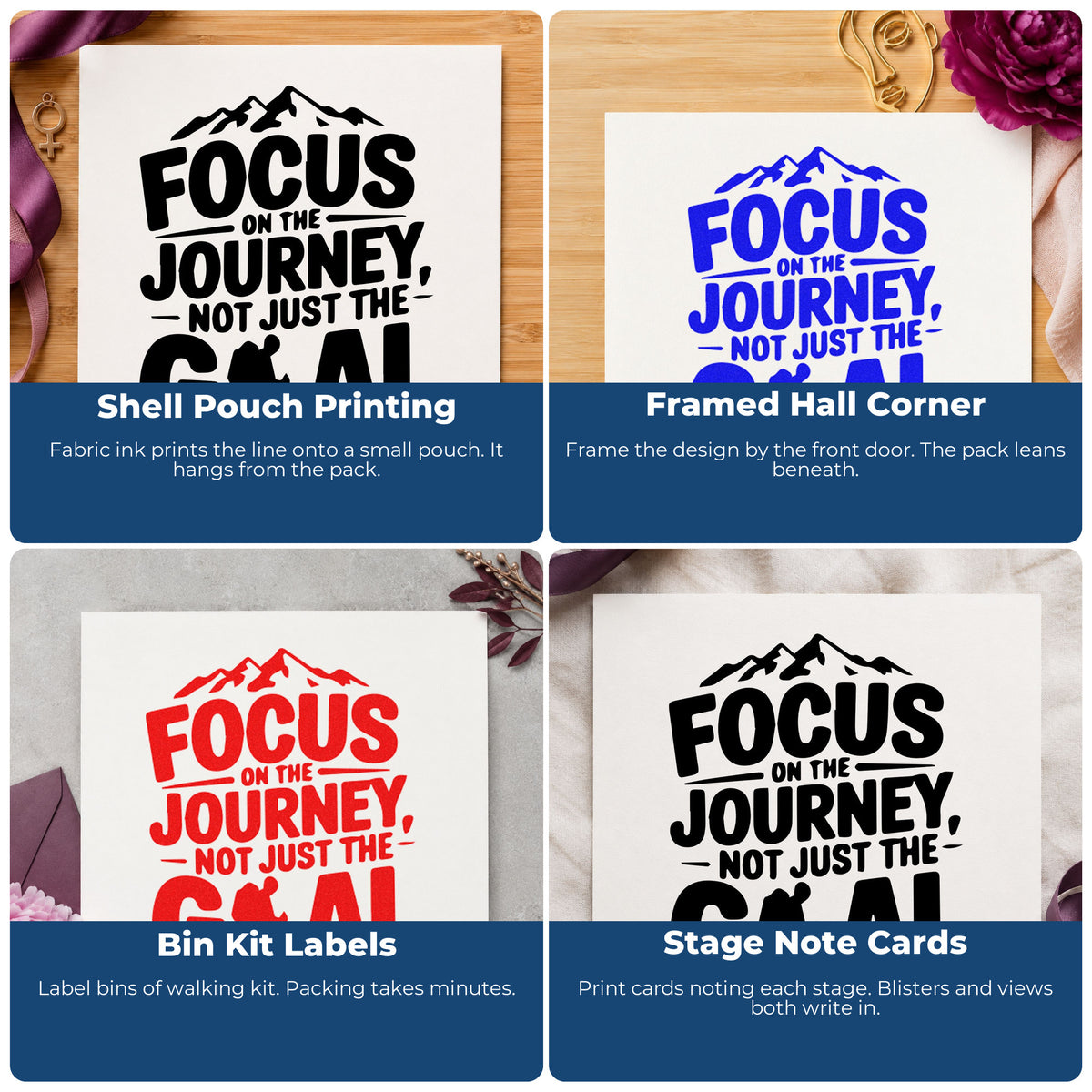 Four ways to use the Focus Journey Hiker Mountains Pre-Inked Stamp – PSI: shell pouch printing, framed hall corner, bin kit labels and stage note cards.