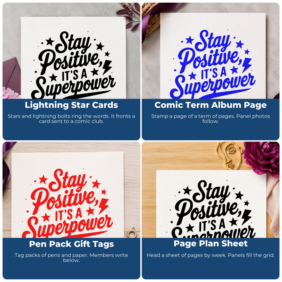 Motivational rubber stamp ideas for scrapbooks, cardmaking, journaling, and gift tags with uplifting handmade phrases.