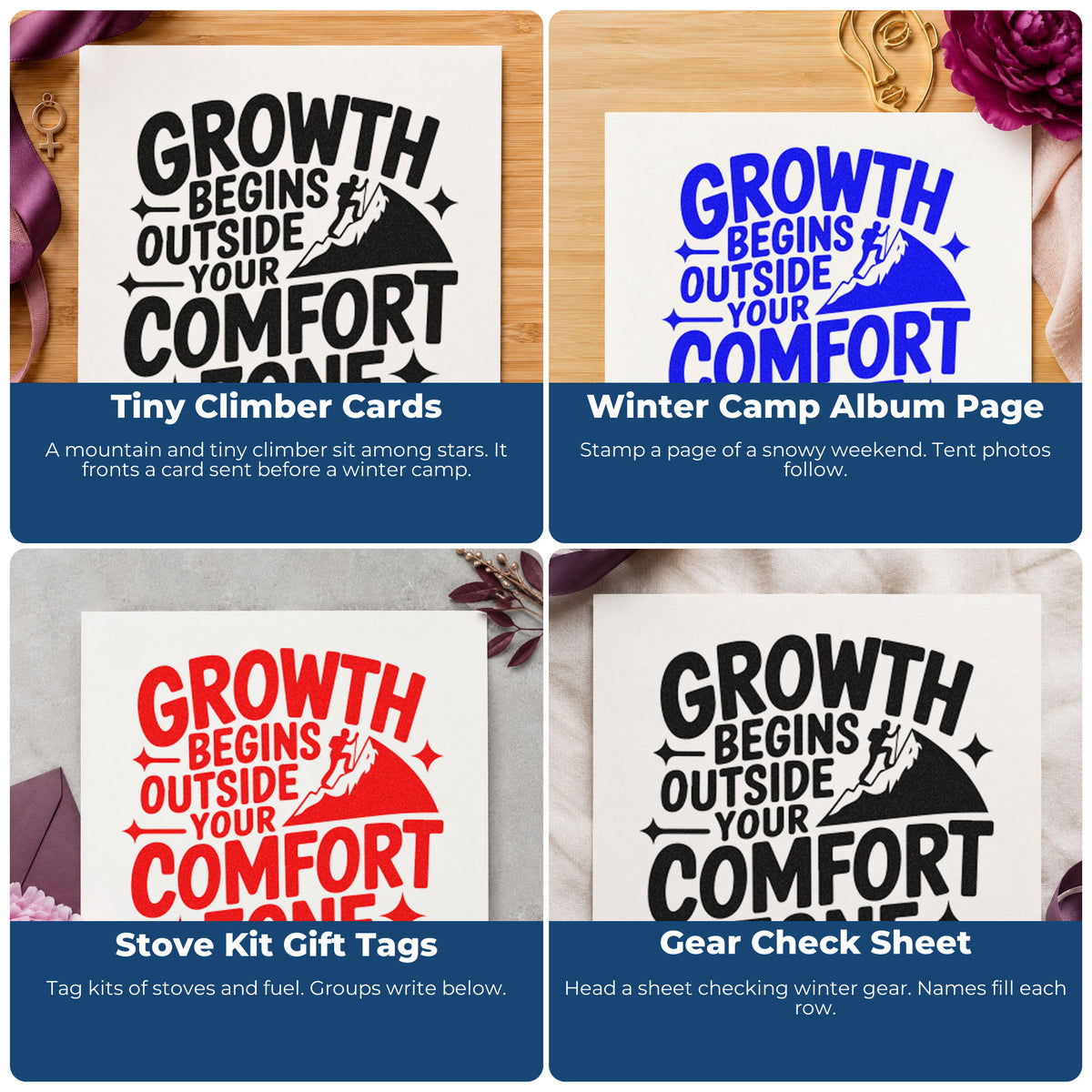 Four ways to use the Growth Comfort Zone Climber Mountains Pre-Inked Stamp – Slim: tiny climber cards, winter camp album page, stove kit gift tags and gear check sheet.