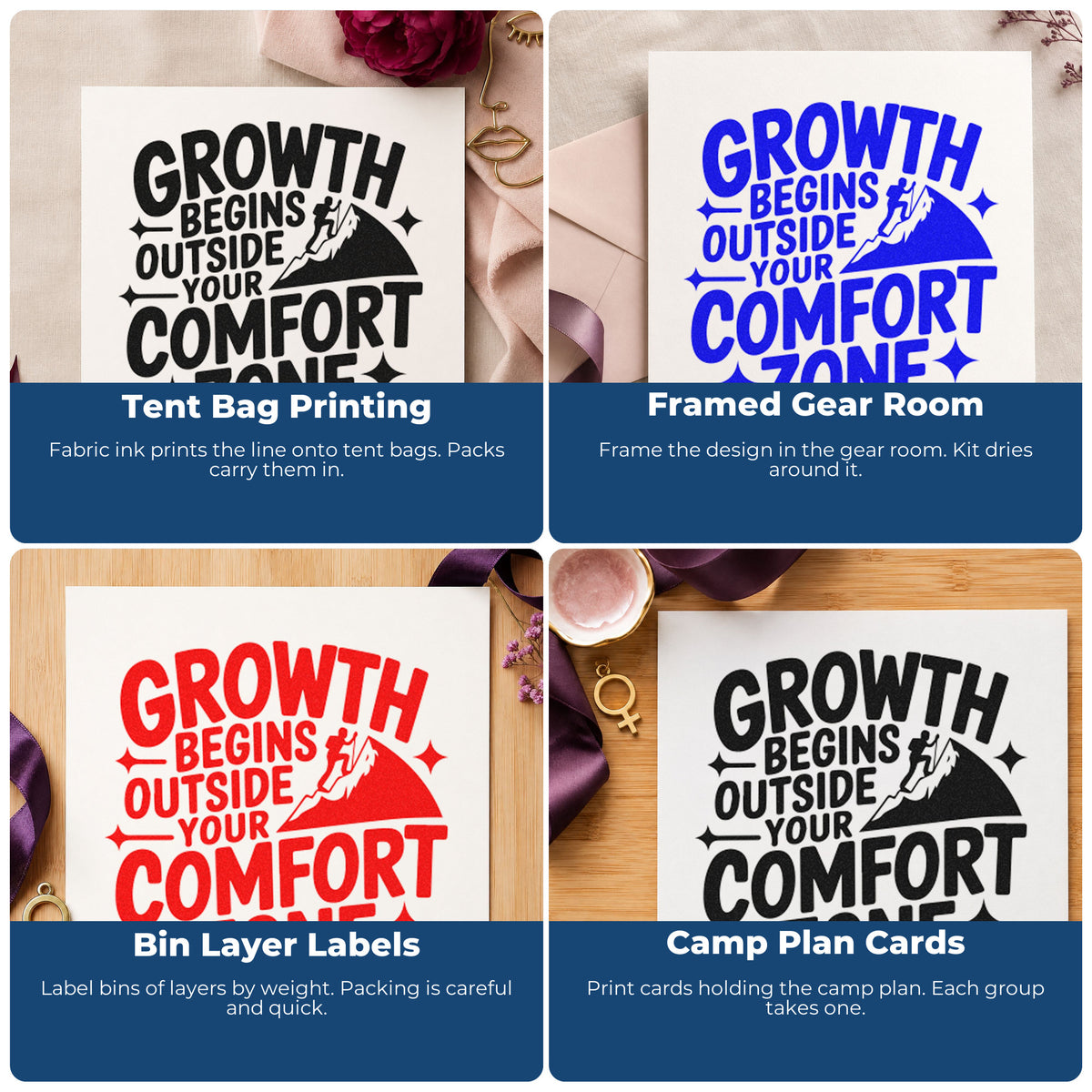 Four ways to use the Pre-Inked Growth Comfort Zone Climber Mountains Stamp – PSI: tent bag printing, framed gear room, bin layer labels and camp plan cards.