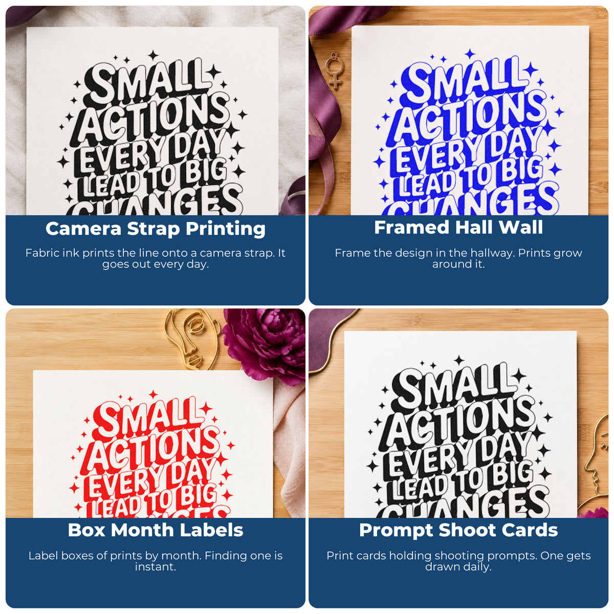 Inspirational rubber stamp examples for habit trackers, vision boards, sticky notes, and planners with uplifting quotes.