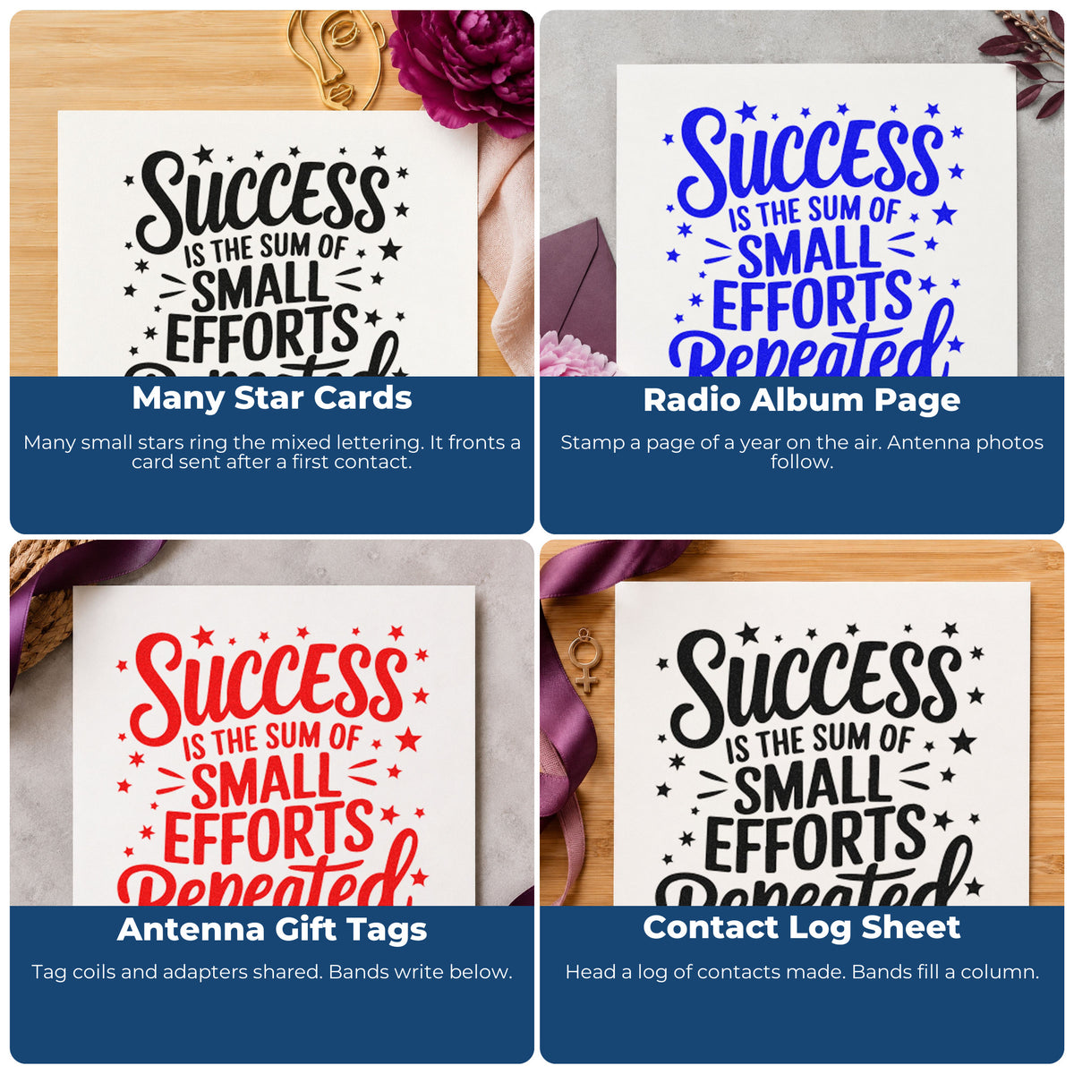Four ways to use the Success Small Efforts Repeated Pre-Inked Stamp – PSI: many star cards, radio album page, antenna gift tags and contact log sheet.