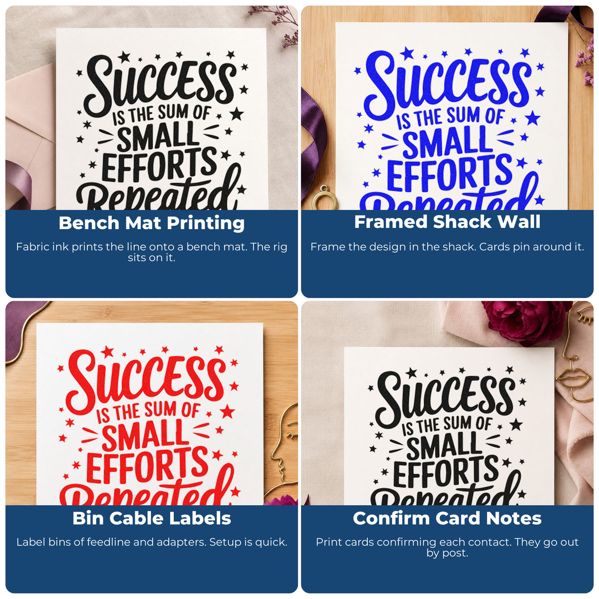 Four ways to use the Success Small Efforts Repeated Pre-Inked Stamp – PSI: bench mat printing, framed shack wall, bin cable labels and confirm card notes.