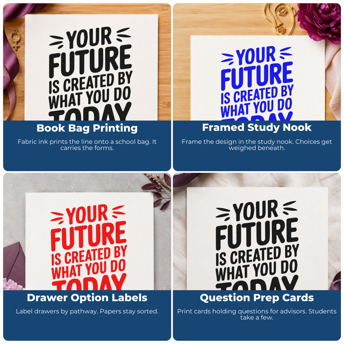 Four ways to use the Your Future Is Created By What You Do Today PSI Pre-Inked Stamp: book bag printing, framed study nook, drawer option labels and question prep cards.