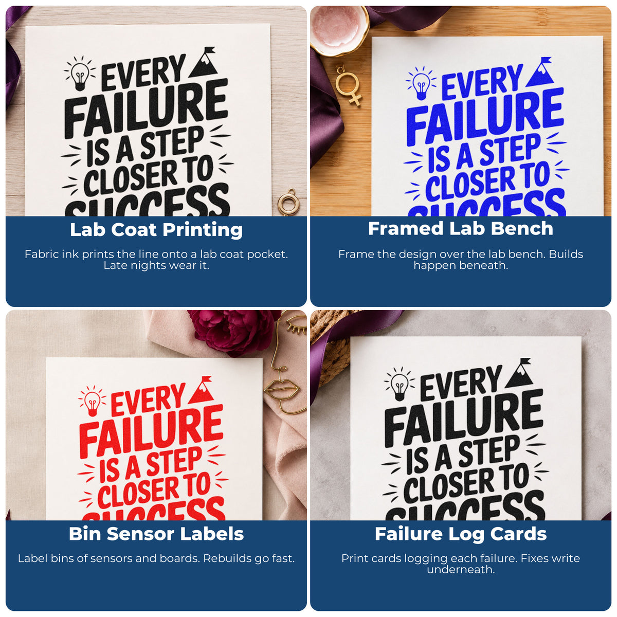 Four ways to use the Every Failure Closer Success Stamp – Duo Hand: lab coat printing, framed lab bench, bin sensor labels and failure log cards.