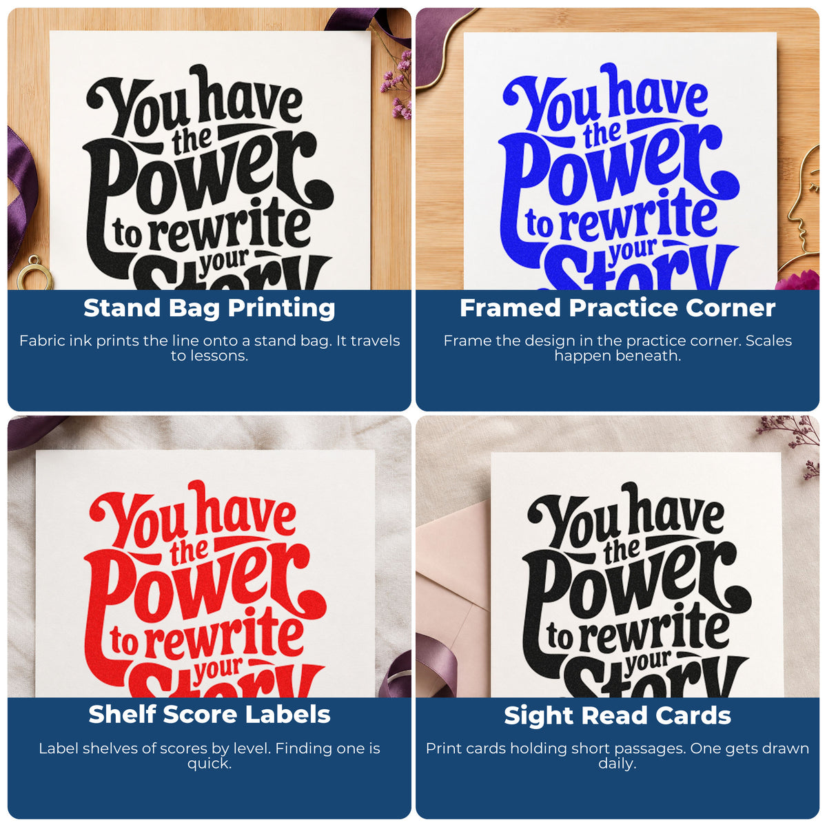 Four ways to use the You Have The Power To Rewrite Your Story PSI Pre-Inked Stamp: stand bag printing, framed practice corner, shelf score labels and sight read cards.