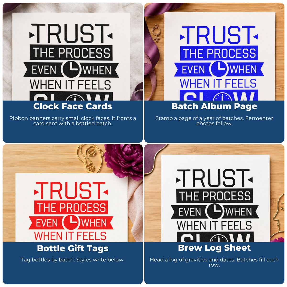 Rubber stamp design examples for scrapbooking, cardmaking, journaling, and gift tags with uplifting motivational phrases.