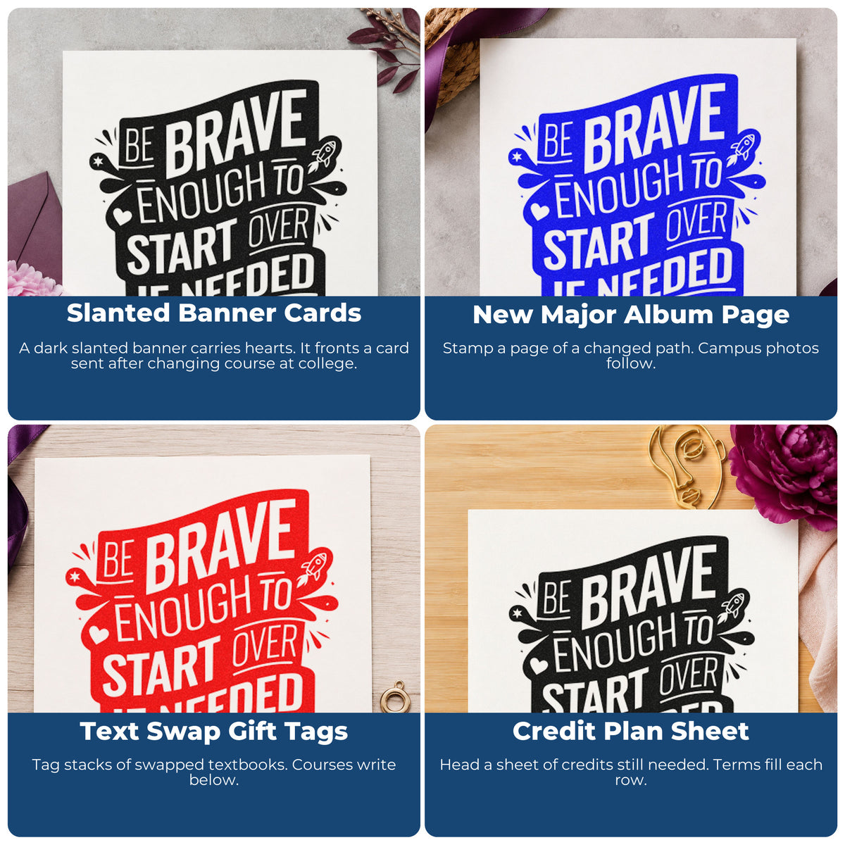 Four ways to use the Brave Start Over Banner Wood Handle Stamp: slanted banner cards, new major album page, text swap gift tags and credit plan sheet.