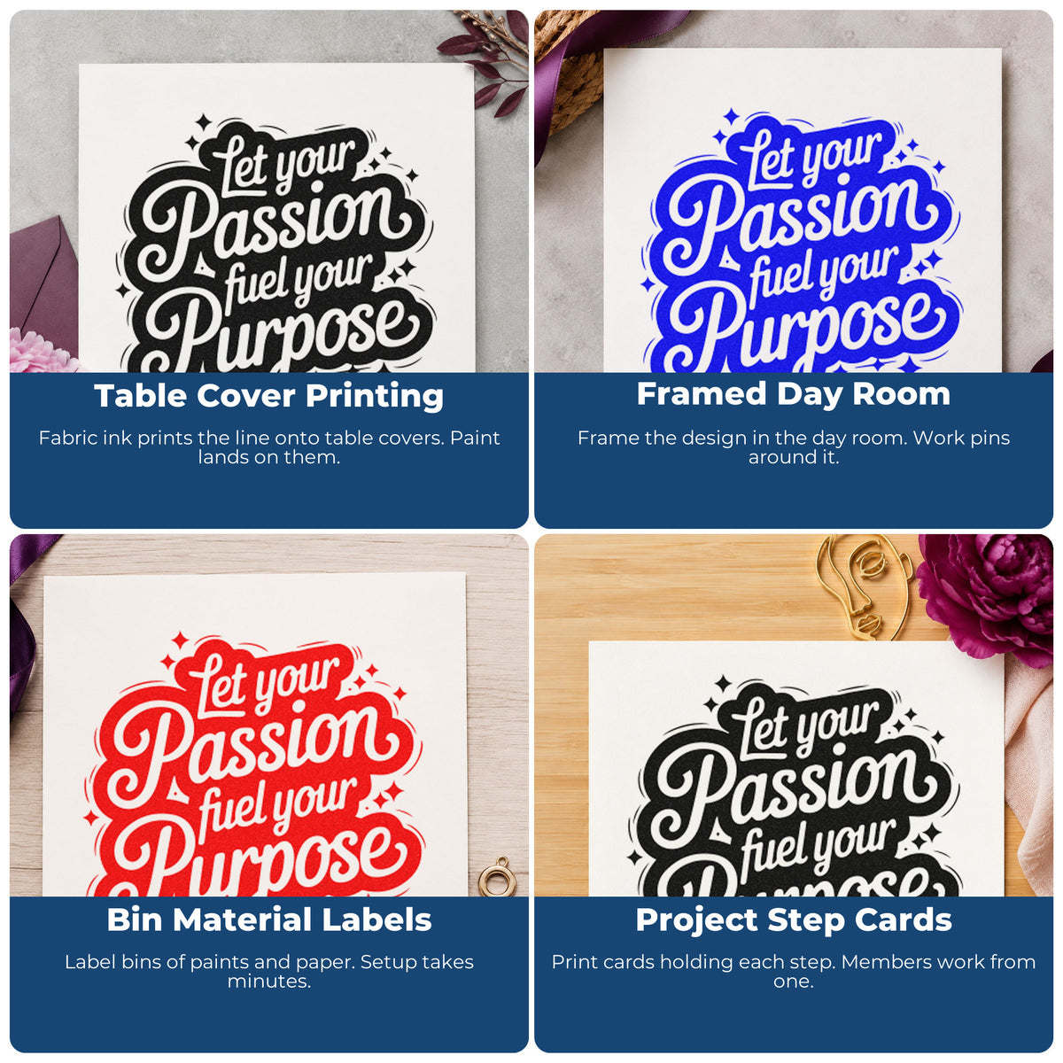 Four ways to use the Let Your Passion Fuel Your Purpose Stamp – Self-Inking: table cover printing, framed day room, bin material labels and project step cards.